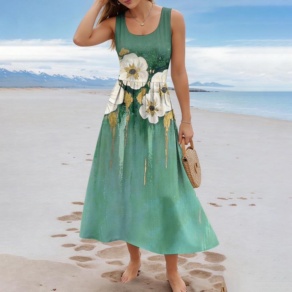 Ladies' floral summer casual and fashionable sleeveless long dress