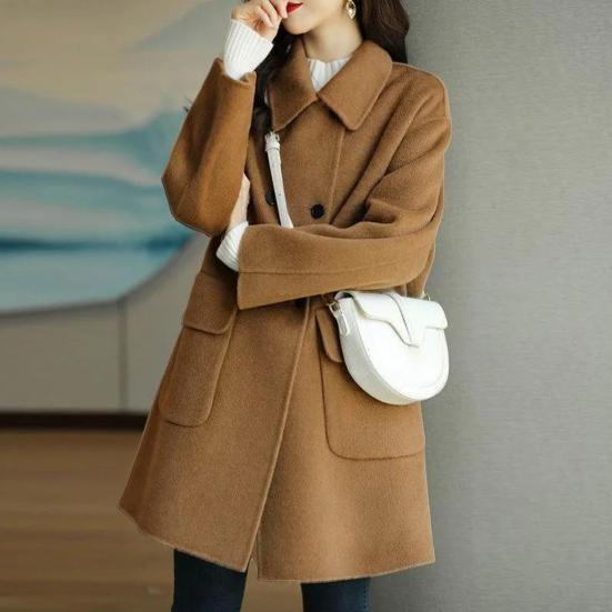 Damen-Mantel, einfarbig, mittellanger Reverskragen mit Knöpfen, locker sitzend, warm, Polyester, Winter, warm, Damen-Zweireiher-Mantel für Damen