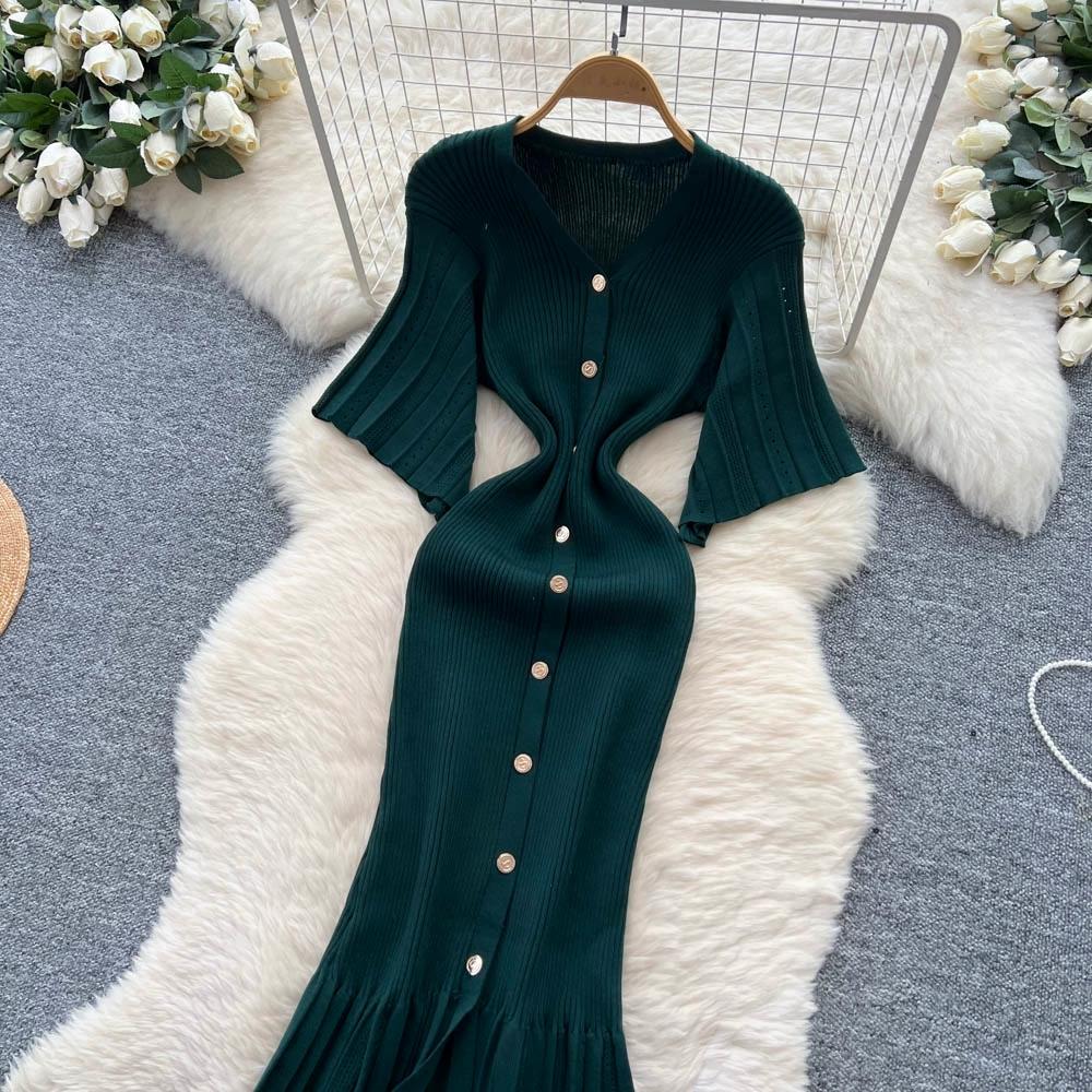 Sommer Damer Elegant V-hals Enkeltspent Strikket Futteral Genser Lang Maxi Fishtail Kjoler