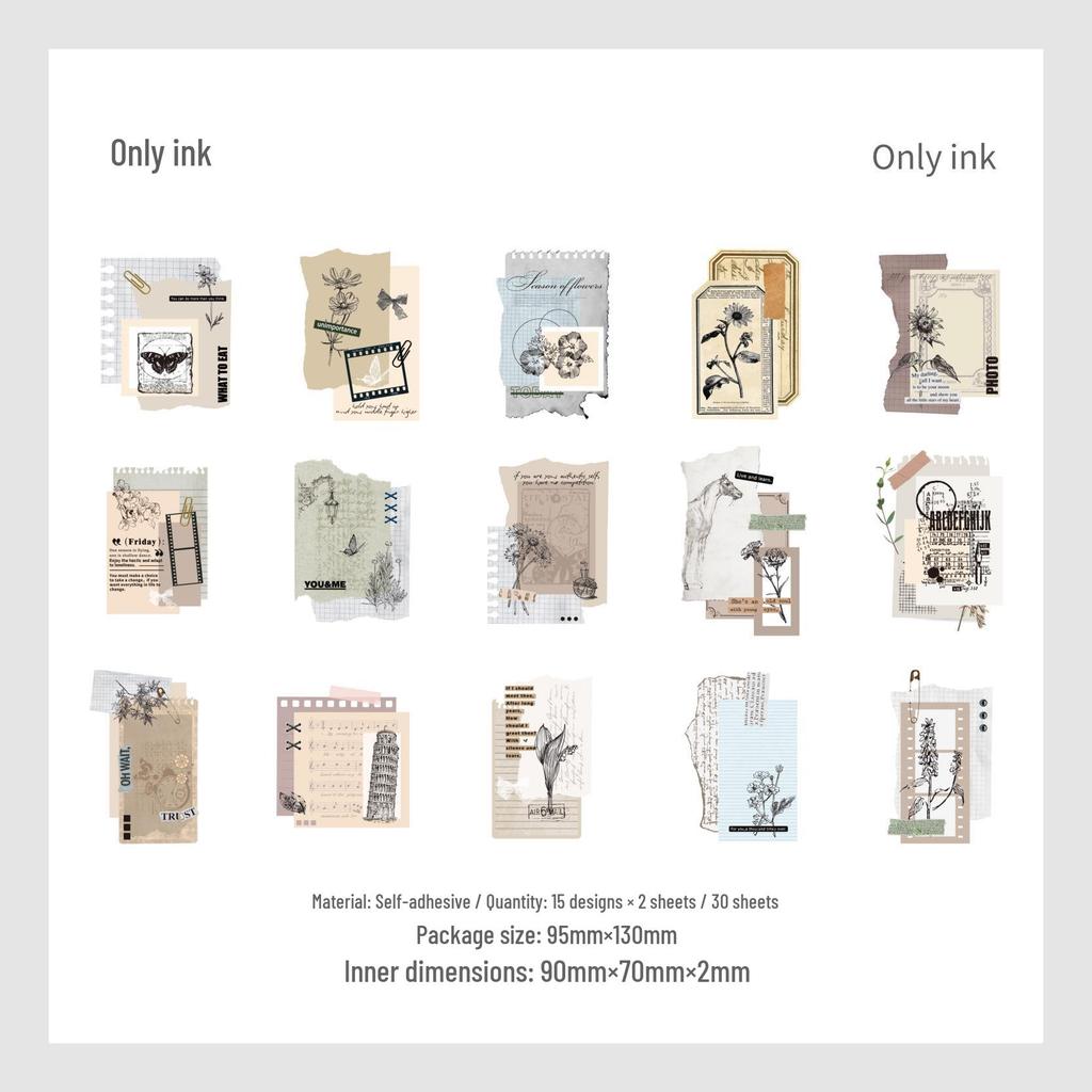 Retro Qin Yuan Plant Sticker Pack: 30 Sheets, 6 Designs for Journaling & Collage