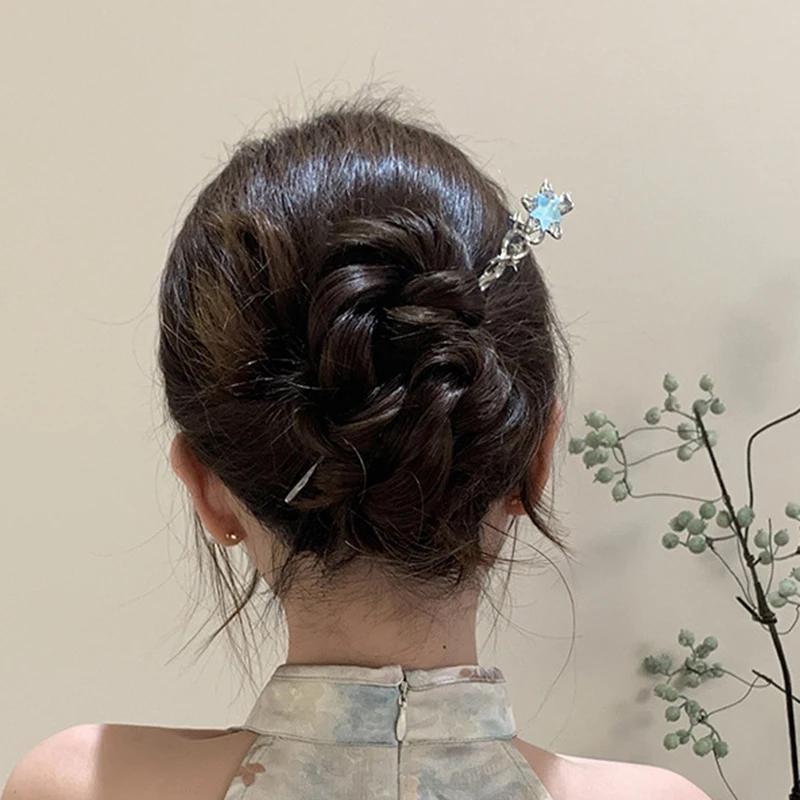 Romantic Moonstone Star Moon Hair Stick Metal Branch Hairpin Hair Fork Chinese Style Hair Accessories for Girls Hair Jewelry