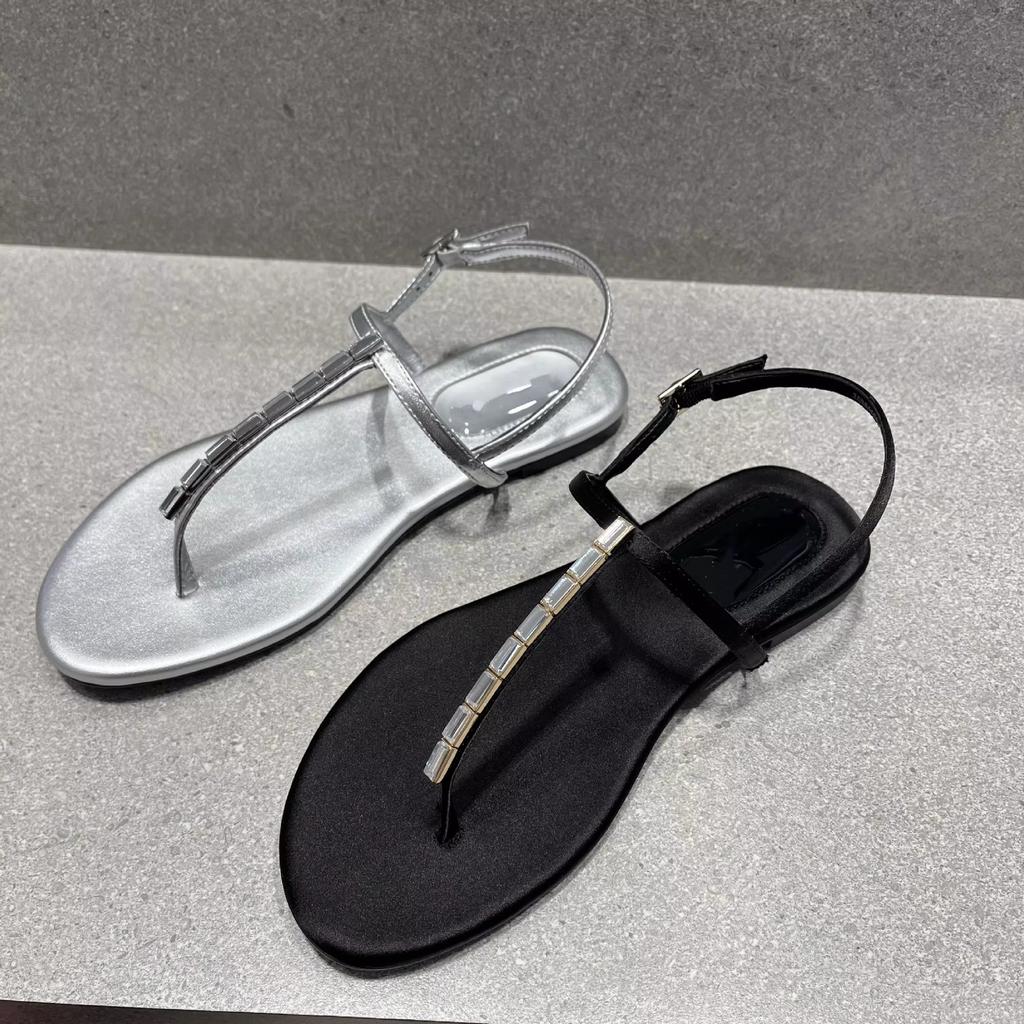 Fashion new designer T-strap gladiator sandals women flat heel crystal narrow band sandalias mujer silver thong sandals big size 43