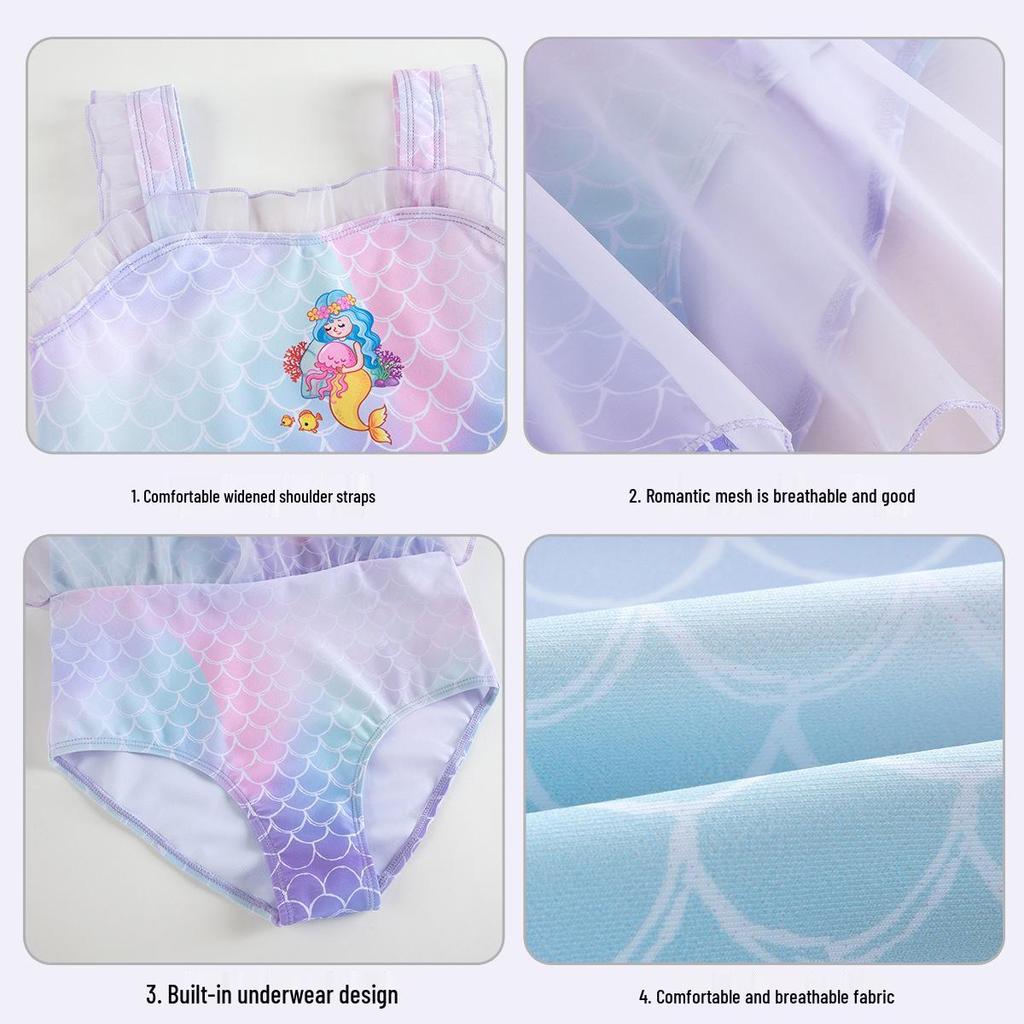 Girls' Princess Mermaid One-Piece Swimsuit with Mesh Skirt