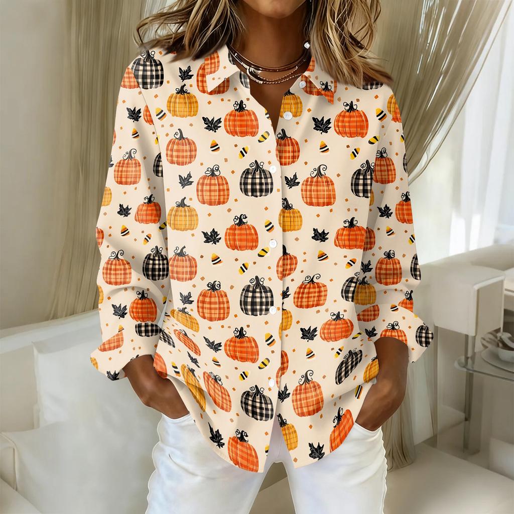 Women's Long Sleeve Button Down Shirt Casual Regular Fit Collared Top with Halloween Pumpkin Print Pattern for Seasonal Wear