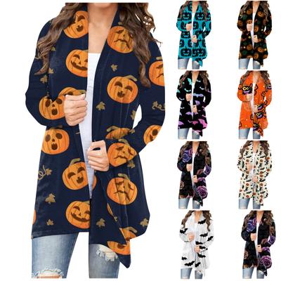 Women's Fashion Casual Halloween Print Medium Length Cardigan Jacket Coat
