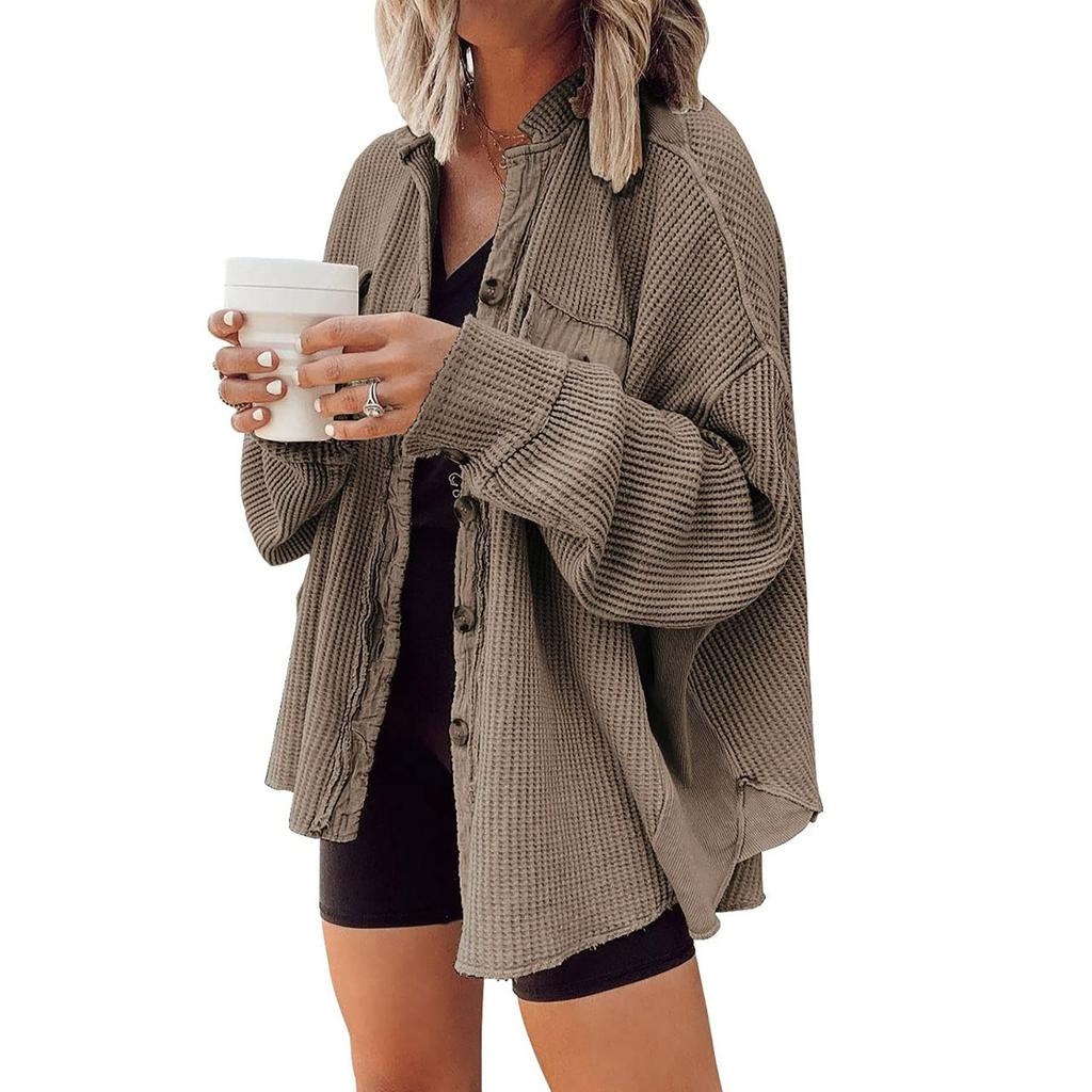 Lose Strickjacke für Damen, Puppenärmel, Patchwork, unregelmäßige Fake-Taschen-Knopfjacke