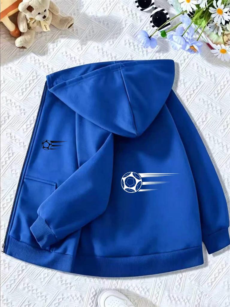Boys Full Zip Hooded Sweatshirt Simple Racing Football Silhouette Pattern Loose Daily Kids Outerwear With Front Pocket
