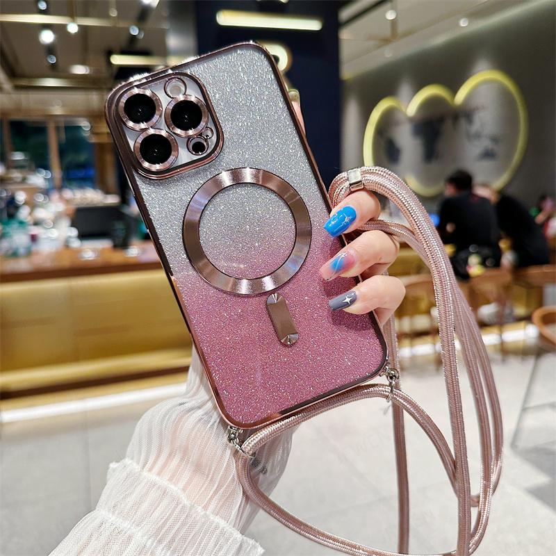 Magnetické pouzdro Crossbody Lanyard Gradient Glitter pro iPhone 14 13 12 11 Pro Max /Samsung S23 S22 Ultra S21 Plus Magsafe Plating Soft TPU zadní kryt