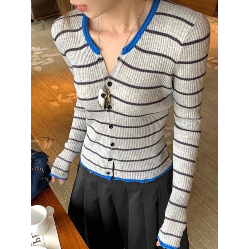 Women's Slim Fit Korean V-Neck Striped Knit Cardigan – Early Autumn Retro Style Sweater