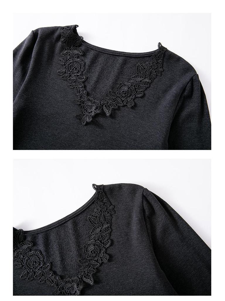 Dámské bavlněné tričko s V-výstřihem a dlouhým rukávem z francouzské krajky - Slim Fit pro jaro/podzim 2026