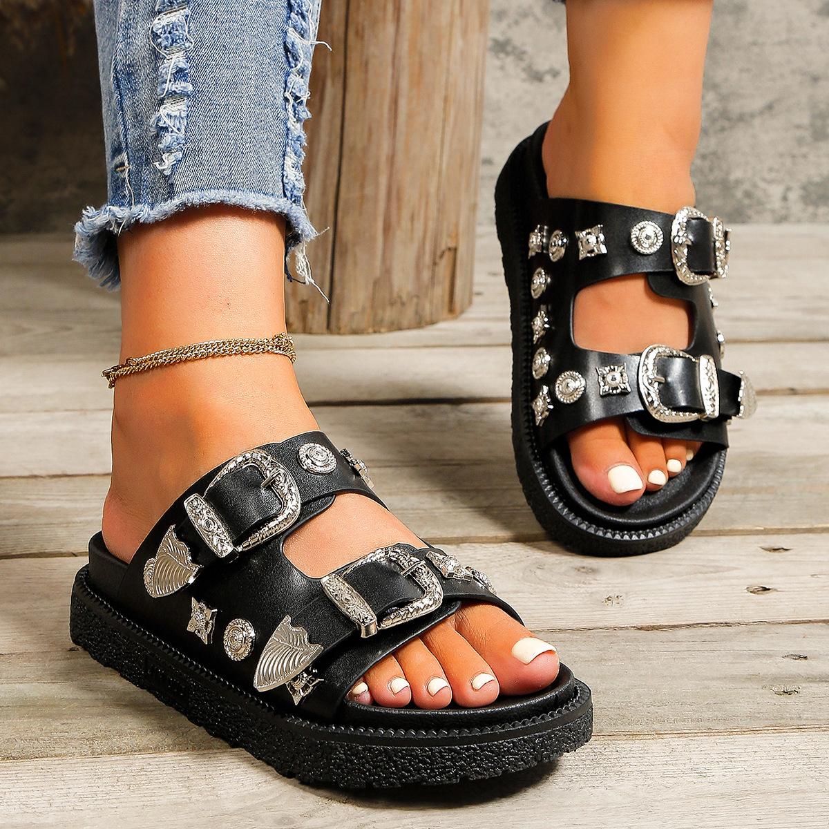 

2025 новые летние черные тапочки большого размера на толстой подошве с металлической пряжкой с блестками и широкими полосками со змеиным узором, классные тапочки 39 чёрный