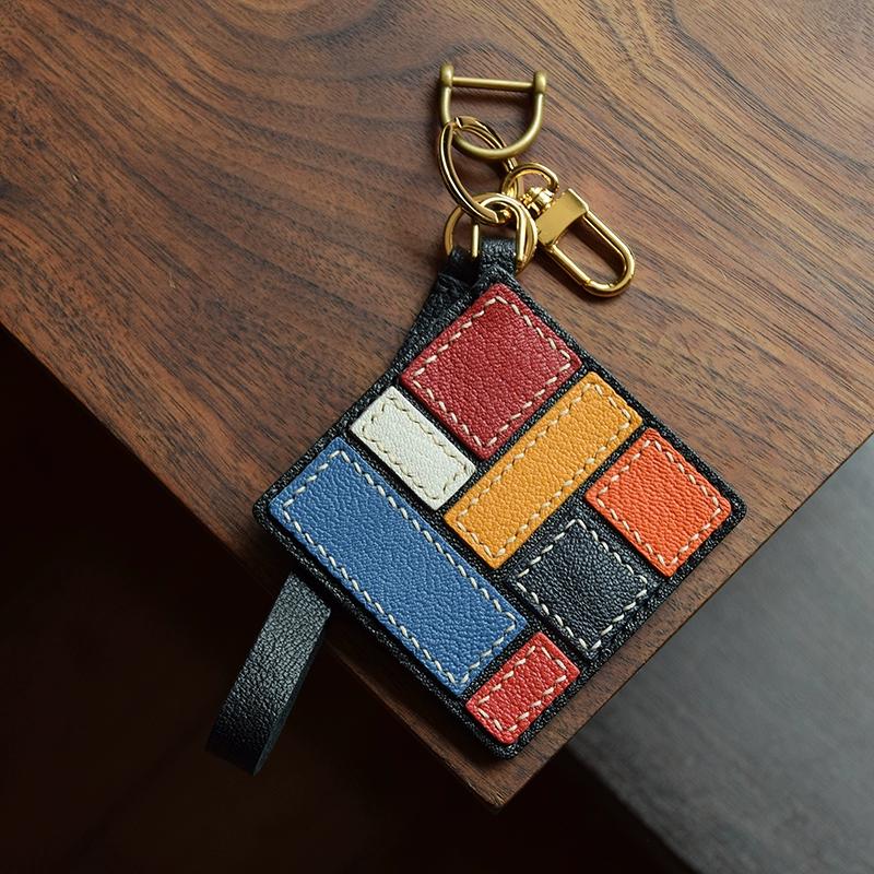 Mondrian Style Leather Handmade Bag Pendant Simple Personality Niche Art Women's Keychain