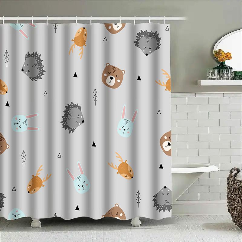 Adorable Animal Print Shower Curtain Set For Bathroom Decor Waterproof Fabric With Hooks Various Sizes Available (White)