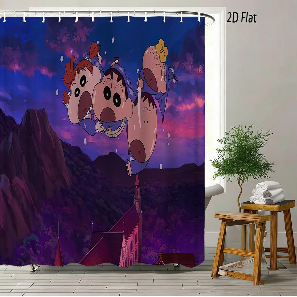 Crayon Shin-Chan Cheese & Shiro 2D Print Waterproof Shower Curtain, Cute Cartoon Bathroom Decor With Hooks