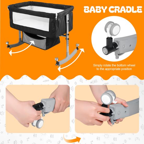 Bedside Crib 4-In-1 Multi-function with Changing Table, 6 Levels Height Adjustable Baby Bed Basket & Mosquito Net, Portable Newborn Infant