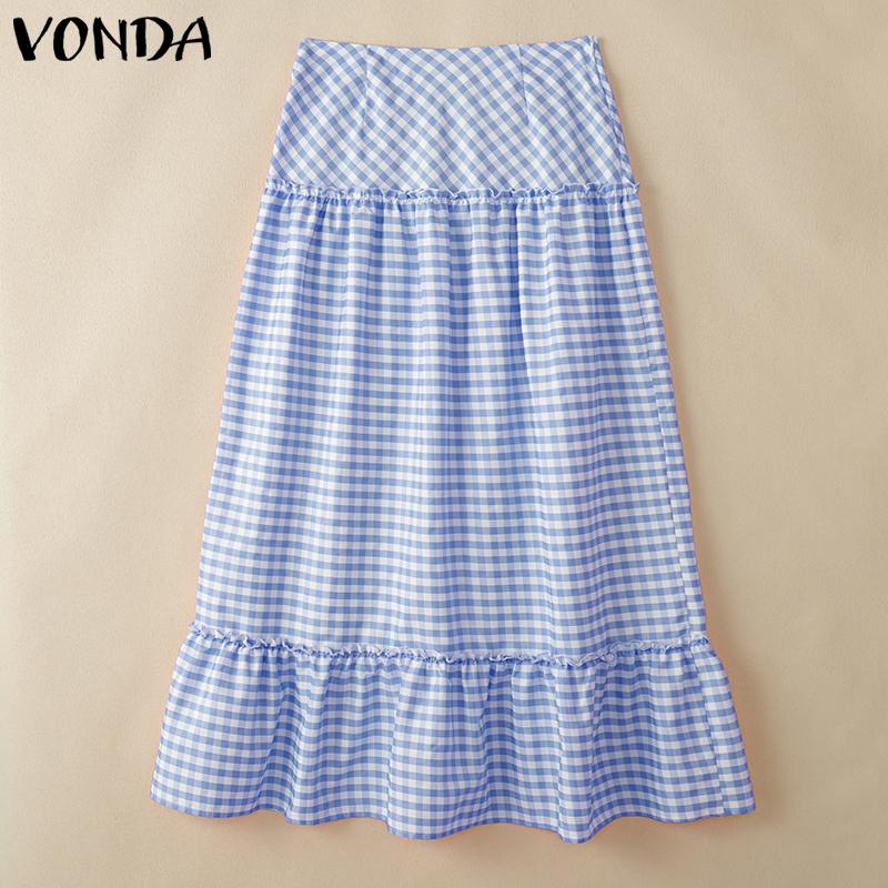 

VONDA Women Zip-up High Waist Plaid Print Casual Long Swing Ruffled Skirts 3XL