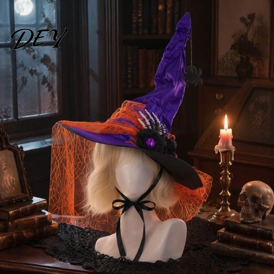 Theater Stage Performance Gear Halloween Witch Hat for Women, Gothic Spider Web Mesh Skeleton Hand Dark Magician Cosplay Headwear Rose Flower