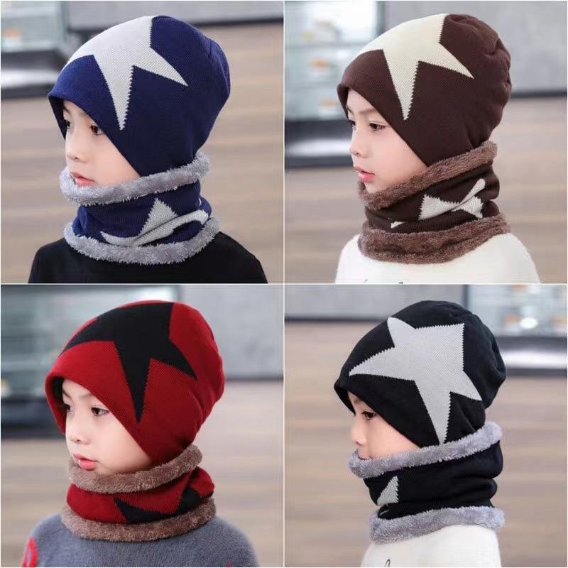 (TAGLIA)Cappelli invernali caldi lavorati a maglia con colori a contrasto in pile per set di due pezzi cappello + sciarpa per bambini
