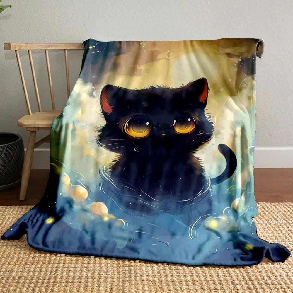 "Adorable Black Cat At Sunset" Patterned Blanket, Flannel, Suitable for All Seasons, Home Decor, Warm and Cozy