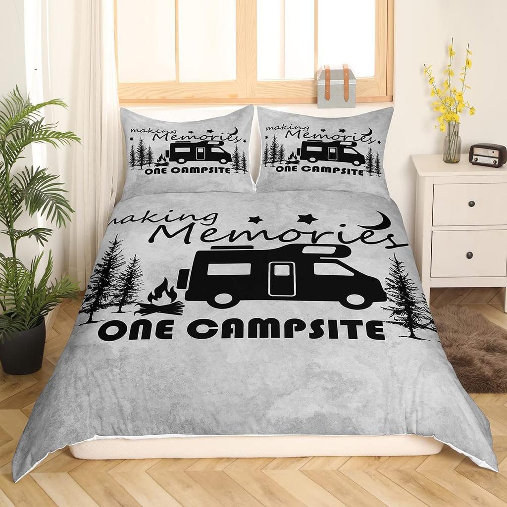 Happy Camping Comforter Cover King, Summer Camping Decoration Bedding For Boy Teens Family, Beach Vacation Style Duvet Cover Set