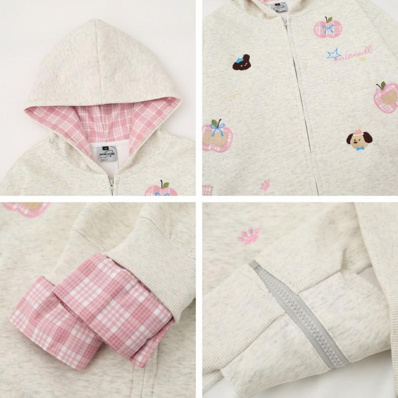 American Vintage Plaid Dog Embroidered Hooded Zip Cardigan Sweatshirt Men Women Casual Couple Outerwear