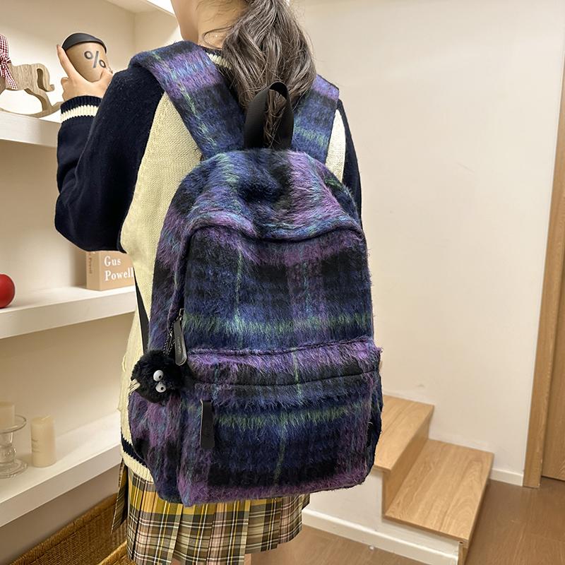 Vlněný kostkovaný studentský školní batoh s velkou kapacitou dámský batoh