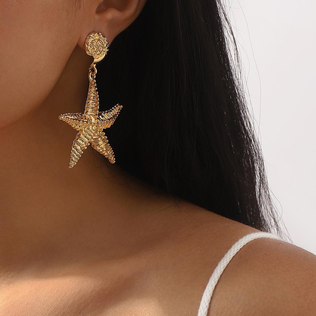 European American Cross Border Alloy Texture Ocean Series Starfish Earrings For Women Summer Vacation Travel Wear Ear Jewelry