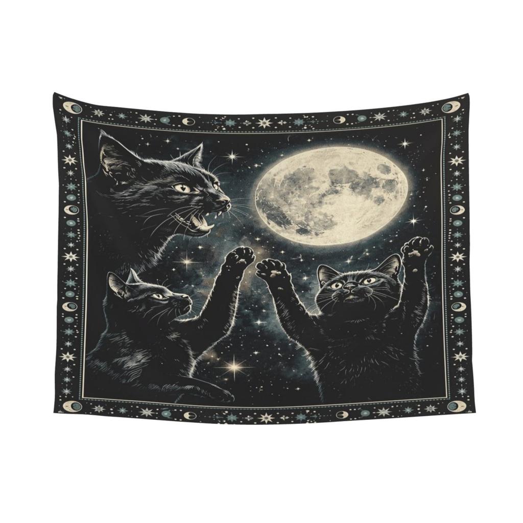 Halloween Black Cats Tapestry Hippie Polyester Wall Hanging Witchy Mystical Moon Wall Decor Curtain Art Wall Tapestry