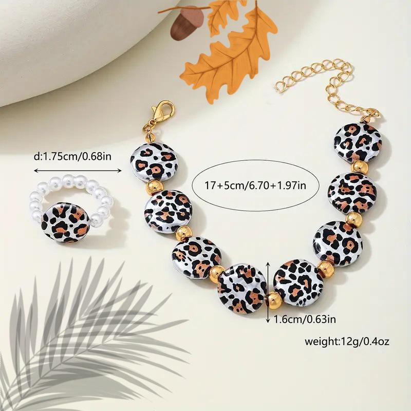 Boho Geometric Leopard Bracelet & Faux Pearl Ring Set
