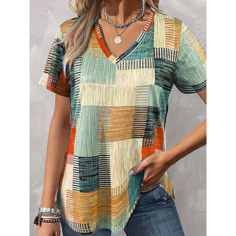 Fashion Women's V-Neck Short Sleeve 3D Casual Color Printing Casual Short Sleeve V-Neck T-Shirt