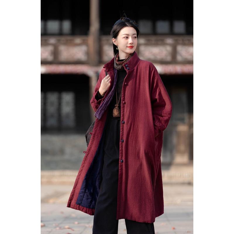 

25 зима новый продукт оригинальный литературный и ретро стоячий воротник застежка-диск хлопковая куртка женское стеганое длинное хлопковое пальто S