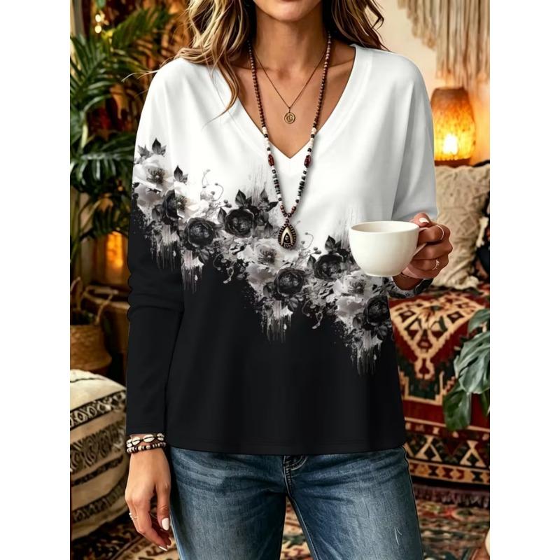 Autumn and Winter Women's Long-sleeved V-neck T-shirt