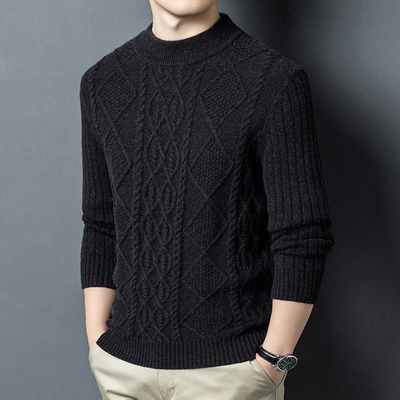 Winter Men's Wool Blend Jacquard Sweater: Thickened Long Sleeve, Half-High Collar, Fashion Casual for All Ages