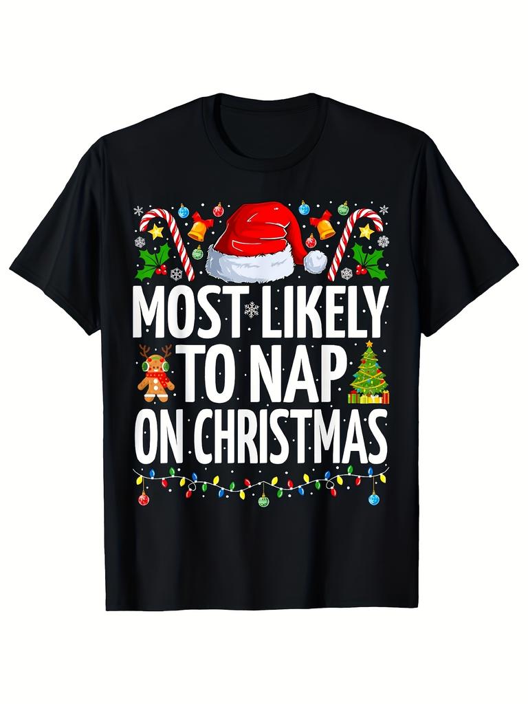 Most Likely To Nap On Christmas Funny Family Christmas TShirt Black Casual Short Sleeve Men's Sport