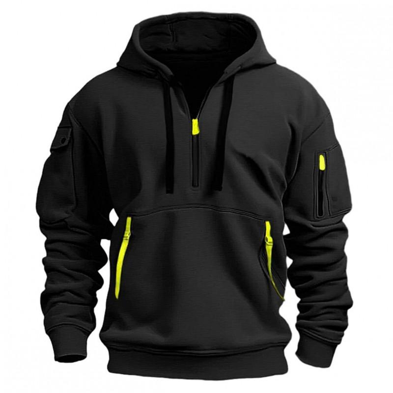 Mens Fleece Hooded Sweatshirt With Zipper Detail Solid Color Casual Long Sleeve Pullover Winter Outerwear