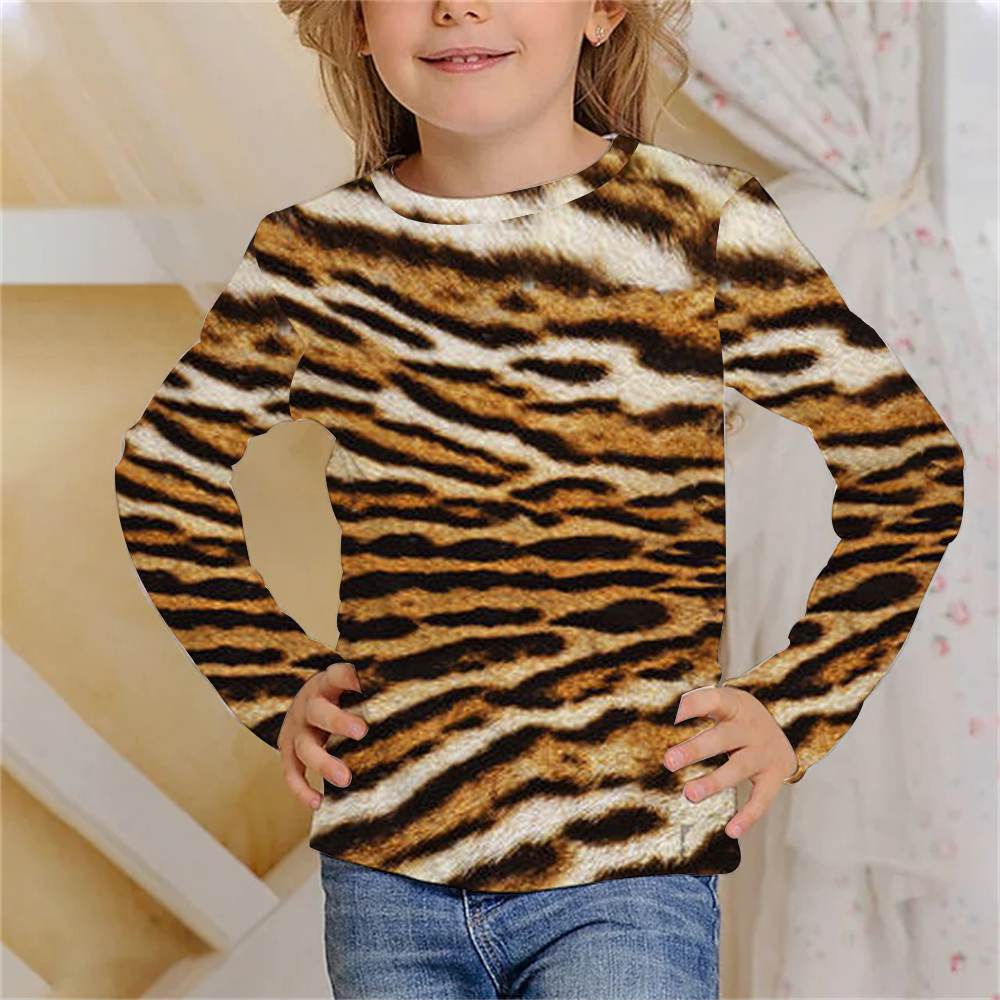 Animal Tiger Skin Children's 3D Digital Printing Girl Fashion Trend Round Neck Long Sleeved T-shirt