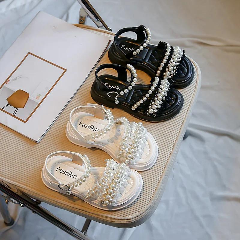 Little Kids Sweet Pearl Princess Shoes with Pearl Beading 2024 Summer New Korean Style Fashion Girl Sandals Elegant Temperament