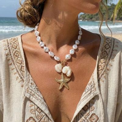 Boho Exaggerated Big Scallop Conch Shell Pendant Necklace for Women Summer Beach Pearl Starfish Chain Choker Ocean Neck Jewelry