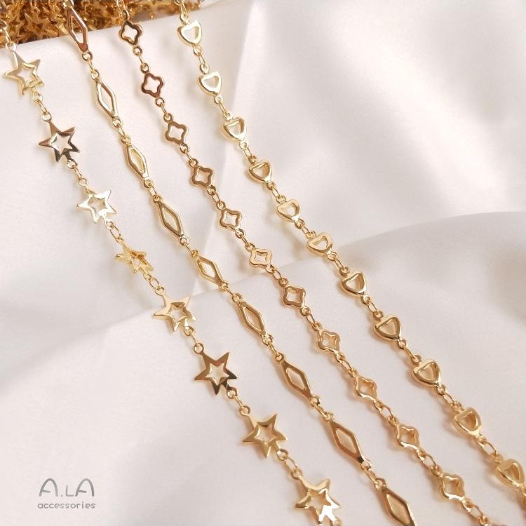 14K Gold Korean Handmade Copper Chain Bag with Star, Heart, Rhombus, and Four-Leaf Clover Charms for DIY Jewelry.