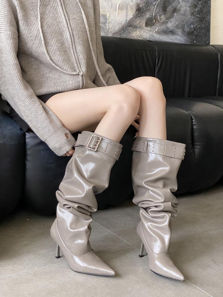 2025 Autumn and Winter New European and American Belt Buckle Pointed Head Thin Heel High Heel Temperament French Fashion Sexy Knee Boots
