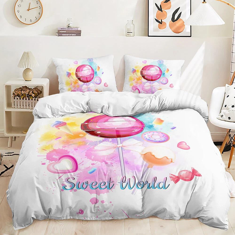 

Dessert Sweet World Bedding Set Girl Women Kid Down Duvet Cover Queen King Double Duvet Cover Pillowcase 2/3 Gift Soft Bedroom Decoration UK Single 135x200cm