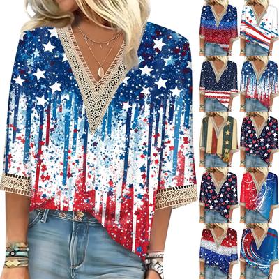 Women's Fashion Casual Lace Seven Sleeve V-Neck Independence Day Printed Top