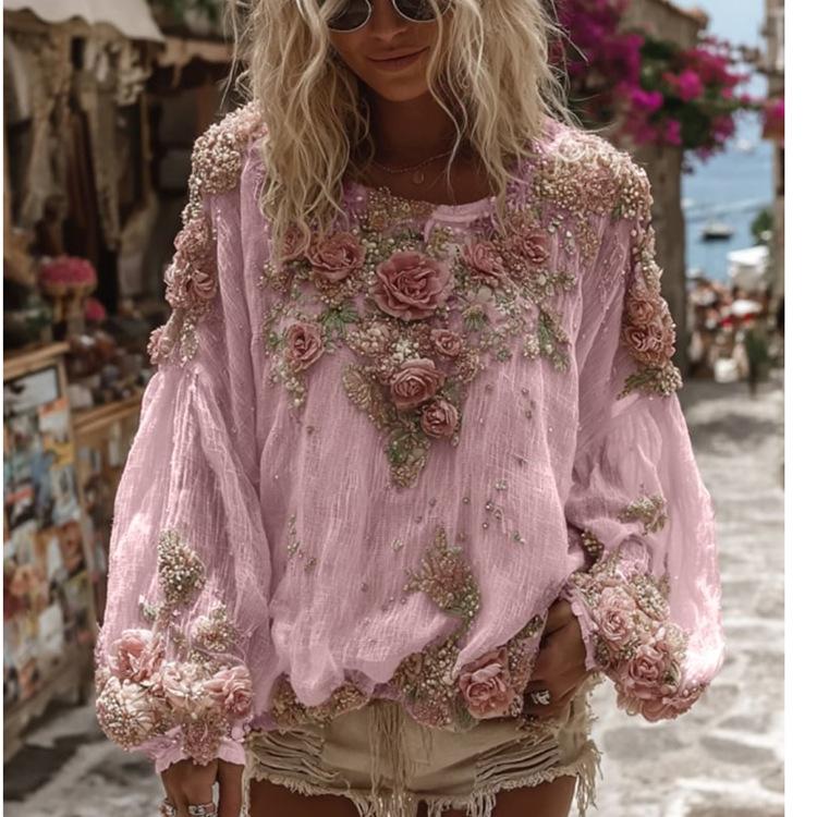 Flower Print Long Sleeved Breathable Autumn Shirts Female O Neck Loose Bohemian T-shirts Casual Holiday Beach Top Blouses