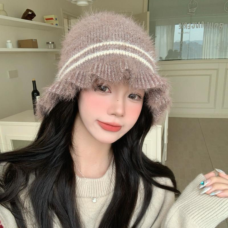 Japanese Autumn and Winter Hats for Women with Velvet Rabbit Fur Warm Hat Versatile Windproof Ear Protection Knitted Hat Lace Wool Hat