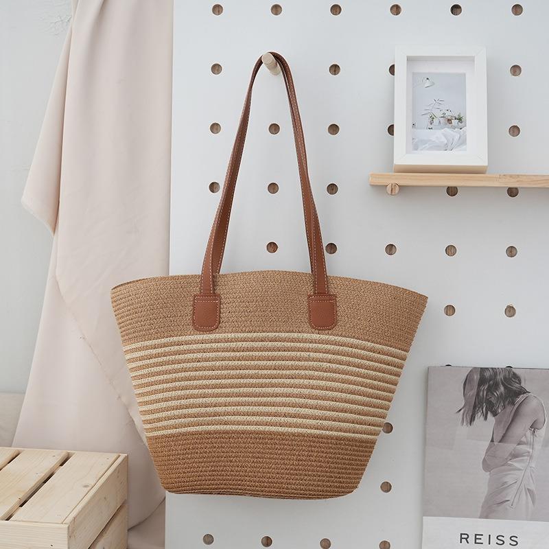 Pastoral Cotton Rope Woven Bag Women's Summer Large-capacity Striped Shoulder Bag Vegetable Basket Seaside Beach Tote Bag
