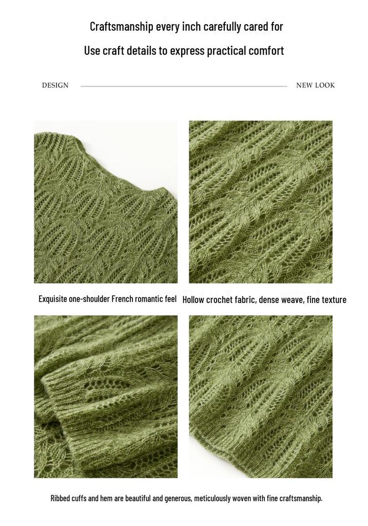 Korean Style Women's Cashmere Lyocell Round Neck Hollow Knit Sweater