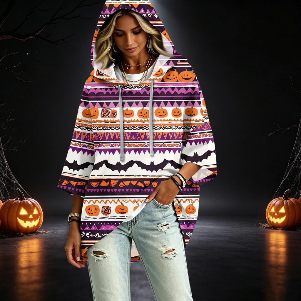 Women's Fashion 3/4 Sleeve Halloween Print Hoodie Pullover Top