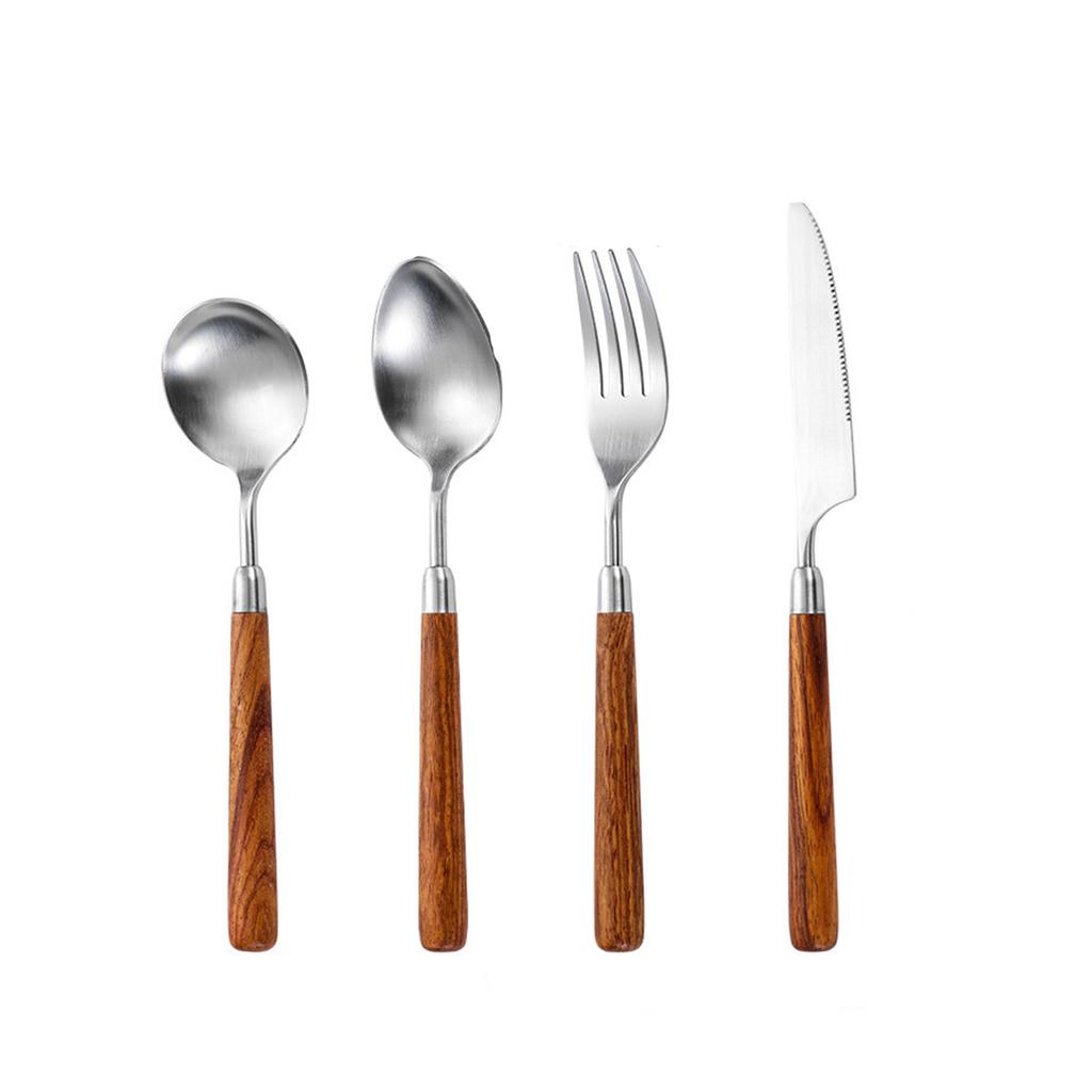 Cutlery Set with Walnut Wood Handle, Steak Knife Fork Spoon, Durable Thick Flatware for Steak, Dessert, Western Style Tableware