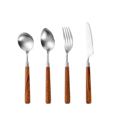 Cutlery Set with Walnut Wood Handle, Steak Knife Fork Spoon, Durable Thick Flatware for Steak, Dessert, Western Style Tableware