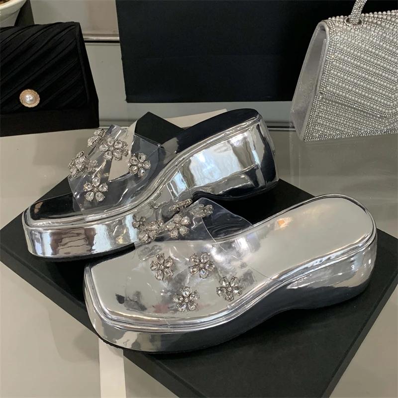 Eilyken Summer CRYSTAL Flower PVC Transparent Women Slippers Solid Platform Wedges Heels Square Toe Sandals Shoes